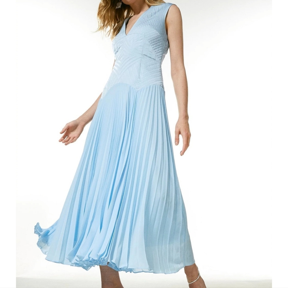 Karen Millen Quilt Satin and Pleat Deep V Midi Dress BLUE